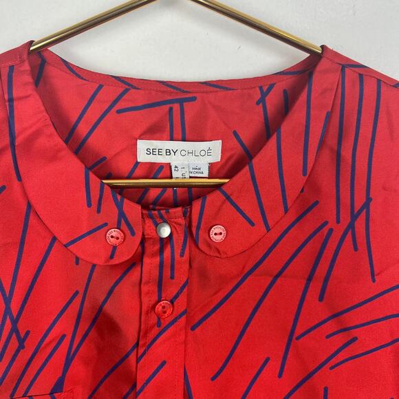 See by Chloé Red Silk Blouse Peter Pan Collar Button Down Long Sleeve US 6 - Picture 2 of 7